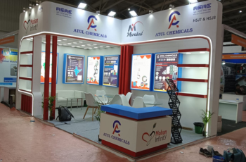 Modular booth showcasing renewable energy solutions at POWERGEN India.